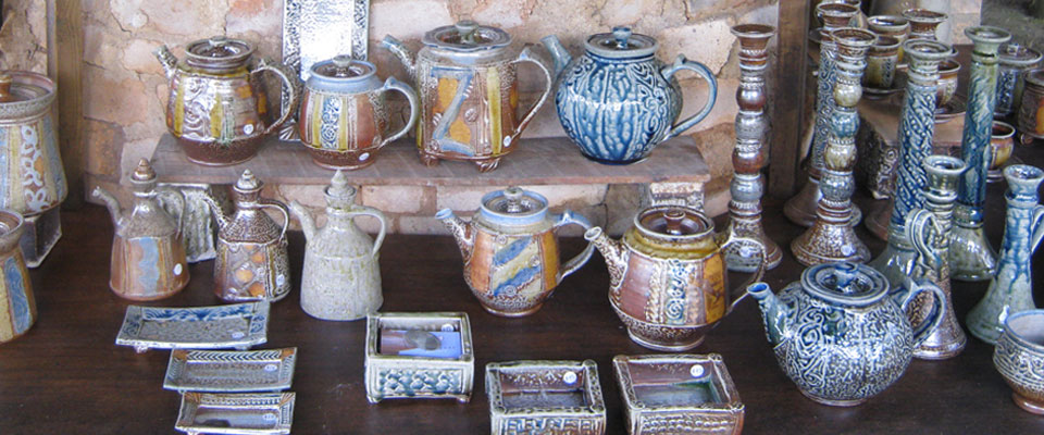 Handmade pottery on display at Puketai Pottery