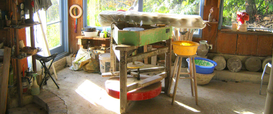 Handmade pottery on display at Puketai Pottery